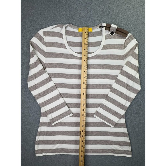 St John Blouse Women's Large Yellow Label Ivory Tan Stripe 3/4 Sleeve Zipper - Picture 9 of 10